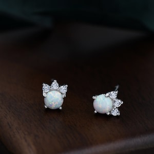 Tiny White Opal with CZ Stud Earrings in Sterling Silver, Silver or Gold, Vintage Inspired Design, Opal Crown Earrings Crown Stud