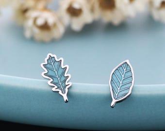 Pendientes de plata de ley con hojas de roble y haya esmaltadas desiguales, pendientes asimétricos de hoja de haya y bellota, pendientes de hoja pequeña.