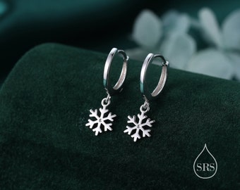 Snowflake Huggie Hoop in Sterling Silver, Silver or Gold or Rose Gold, Snow Earrings, Snowflake Earrings,