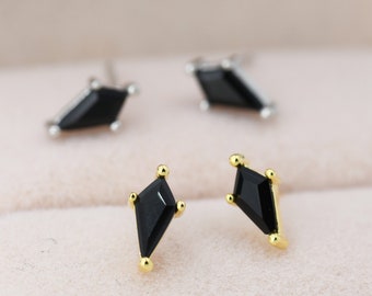 Black CZ Rhombus Stud Earrings in Sterling Silver, Silver or Gold, Kite Shape Crystal Earrings, Stacking Earrings