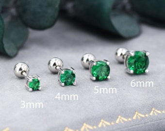 Emerald Green CZ Screw Back Earrings in Sterling Silver, Available in 3mm 4mm 5mm 6mm, Brilliant Cut Emerald Green CZ Earrings, Four Prong