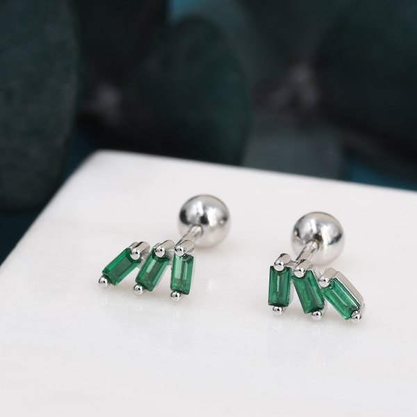 Emerald Green Baguette Trio CZ Screw back Earrings in Sterling Silver, Silver or Gold, Baguette Cluster Screwback Earrings