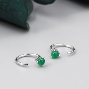 Genuine Green Onyx Huggie Hoop Earrings in Sterling Silver, 3mm Natural Green Onyx Open Hoops, Pull Through Threaders, Half Hoops, C Shape