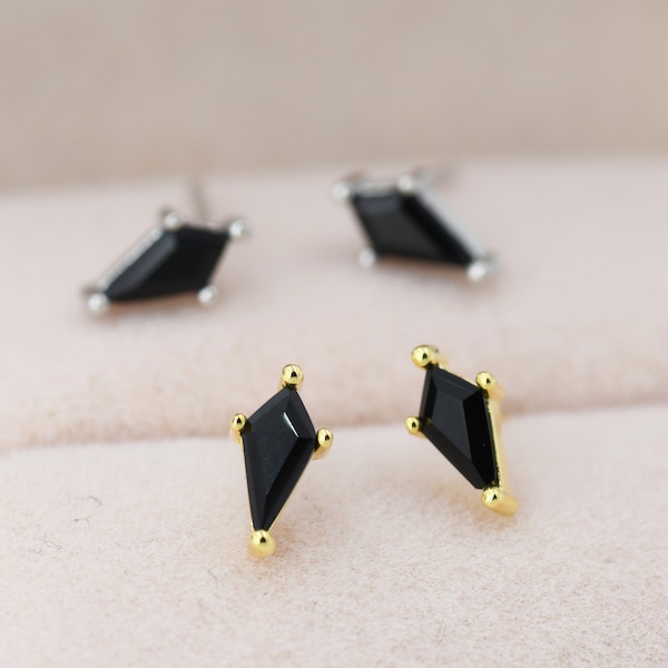 Black CZ Rhombus Stud Earrings in Sterling Silver, Silver or Gold, Kite Shape Crystal Earrings, Stacking Earrings