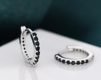 Minimalist Huggie Hoop Earrings in Sterling Silver with Black CZ Crystals, Tiny Snug Hoop Earrings, Black Diamond, Simple Hoop Earrings