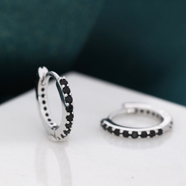 Minimalist Huggie Hoop Earrings in Sterling Silver with Black CZ Crystals, Tiny Snug Hoop Earrings, Black Diamond, Simple Hoop Earrings