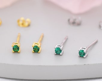 Extra Tiny Sterling Silver Emerald Green CZ Stud Earrings,  2mm May Birthstone CZ Earrings, Silver or Gold, Stacking Earrings