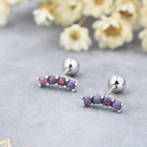 Tiny Dark Purple Opal Curved Bar Screw Back Earrings in Sterling Silver, Silver or Gold,  Opal Screw Back Earrings, Fire Opal
