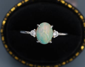 Genuine Opal Ring in Sterling Silver, US 5 - 8, 6x8mm, Natural Opal Stone Ring, Ethiopian Opal