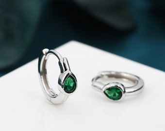 Emerald Green Single Pear Cut CZ Huggie Hoop in Sterling Silver, Silver or Gold, Minimalist Simple Green Hoop Earrings, Dainty Green Hoops