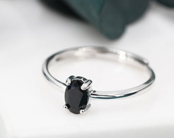 Natural Black Onyx Oval Ring in Sterling Silver,  4x6mm, Prong Set Oval Cut, Adjustable Size, Genuine Black Onyx Ring