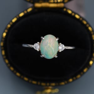 Genuine Opal Ring in Sterling Silver, US 5 - 8, 6x8mm, Natural Opal Stone Ring, Ethiopian Opal