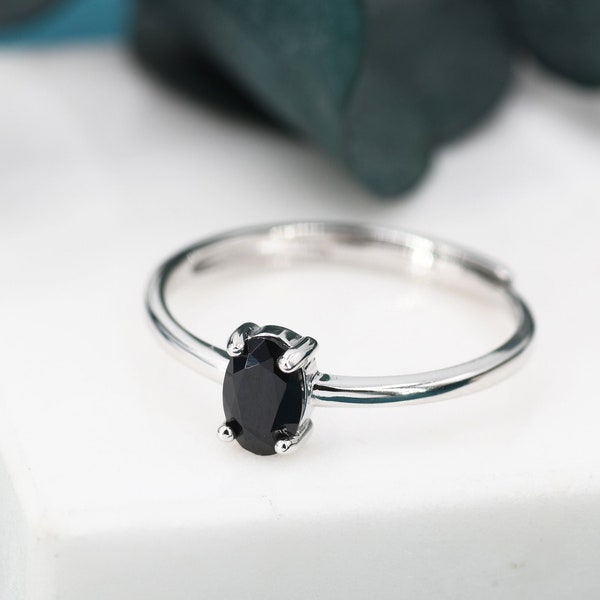 Natural Black Onyx Oval Ring in Sterling Silver,  4x6mm, Prong Set Oval Cut, Adjustable Size, Genuine Black Onyx Ring