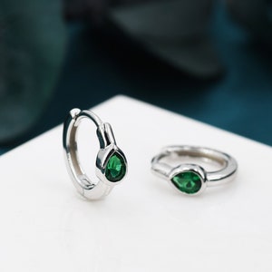 Emerald Green Single Pear Cut CZ Huggie Hoop in Sterling Silver, Silver or Gold, Minimalist Simple Green Hoop Earrings, Dainty Green Hoops
