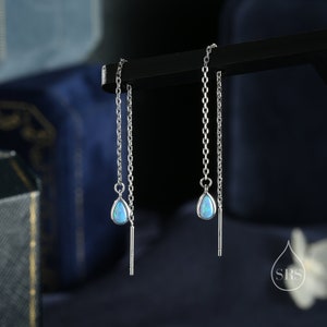 Sterling Silver Blue Opal Droplet Ear Threader Earrings, Silver or Gold, Lab Opal Drop Earrings, Geometric Minimalist Threader Earring