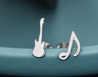 Mismatched Electric Guitar and Music Note Stud Earrings in Sterling Silver, Asymmetric Guitar and Music Earrings