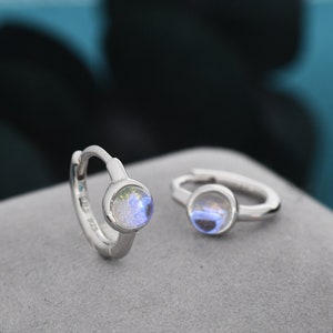 Moonstone Huggie Hoop Earrings in Sterling Silver, Silver or Gold, Tiny Moonstone Hoops, Moonstone Hoops, Simulated Moonstone Hoops