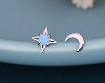Mismatched Starburst and Moon Stud Earrings in Sterling Silver with Lab Opal, Asymmetric Blue Opal Star and Crescent Moon Earrings