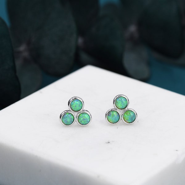 Mint Green Opal Dot Circle Stud Earrings in Sterling Silver - Silver or Gold -  Fire Opal Trio Earrings, Three Opals