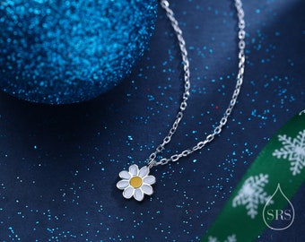 Sterling Silver Tiny Little Daisy Flower Pendant Necklace, Flower Necklace, Daisy Necklace, Enamel Flower Pendant Necklace