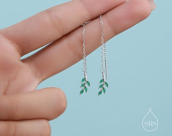 Delicate CZ Leaf Threader Earrings in Sterling Silver, Olive Branch Earrings, Silver or Gold, Clear CZ or Emerald Green, Long Threaders
