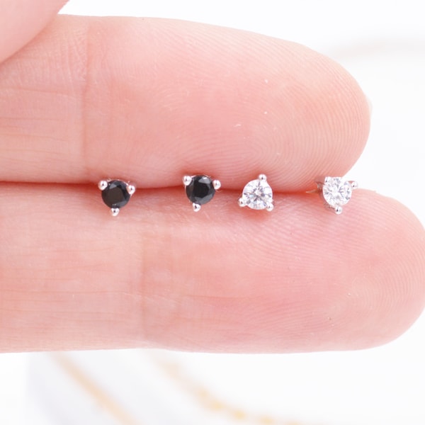 Extra Tiny Lab Diamond CZ Stud Earrings in Sterling Silver, Three Prong 3mm Teeny Tiny Black Crystal Stud