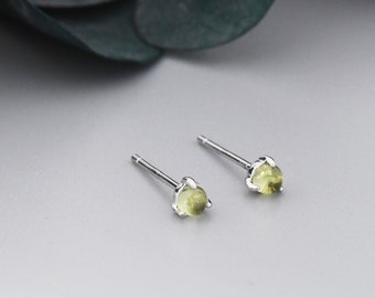 Genuine Green Peridot 3mm Tiny Stud Earrings in Sterling Silver, Real Peridot Crystals Stud, Semi-precious Gemstone, Simple, Minimalist,