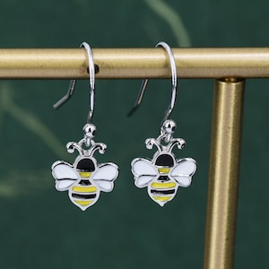 Enamel Bumble Bee Drop Earrings in Sterling Silver,  Earrings, Tiny Bee Earrings, Tiny Bee Hook Earrings, Silver Bee Earrings