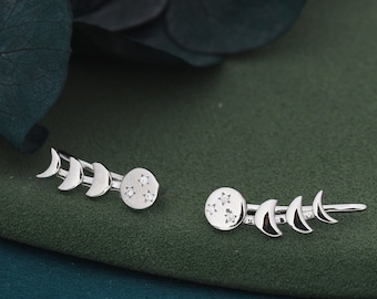 Moon Phase Crawler Earrings in Sterling Silver, Silver or Gold, Moon and Star Earrings, Ear Climbers, Celestial Earrings