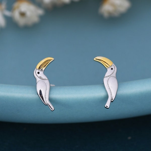 Tiny Toucan Bird Stud Earrings in Sterling Silver, Silver and 18ct Gold, Bird Stud Earrings, Nature Inspired Animal Earrings