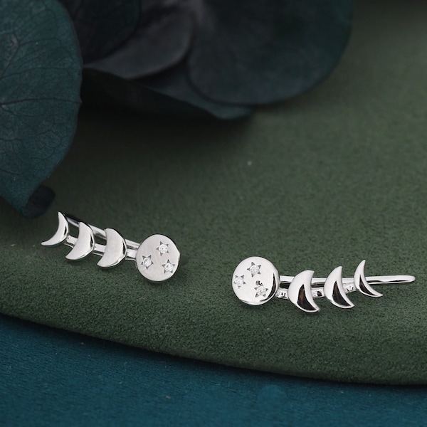 Moon Phase Crawler Earrings in Sterling Silver, Silver or Gold, Moon and Star Earrings, Ear Climbers, Celestial Earrings