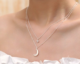 Collar con colgante de luna creciente y estrella de doble capa en plata de ley - Collar de luna nueva y estrella - Oro, plata u oro rosa