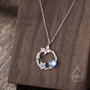Collana con ghirlanda di farfalle e nontiscordardime in argento sterling, argento o oro o oro rosa, collana con piccoli fiori in zircone cubico e pietra di luna