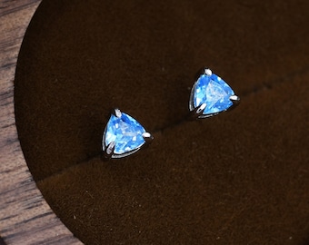 Trillion Cut Aquamarine Blue CZ Stud Earrings in Sterling Silver, Silver or Gold, Blue Cubic Zirconia Crystal Earrings, March Earrings