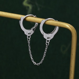 Handcuff Hoop Earrings with a Linking Chain, Silver or Gold, Chained  Hoop Earrings, Linked Hoops, Linked Hoops, Double Piercing Earrings