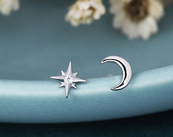 Pendientes Starburst y Moon Stud no coincidentes en plata de ley, plata u oro u oro rosa, pendientes asimétricos de estrella CZ y luna creciente