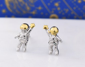 Extra Tiny Spaceman Astronaut Stud Earrings in Sterling Silver - Miniature Space Earrings - Planet Earrings - Whimsical and Pretty Jewellery