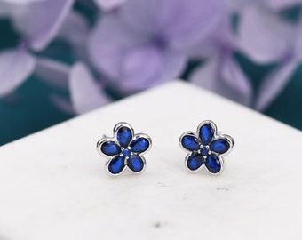 Sapphire Blue Flower CZ Stud Earrings in Sterling Silver, Forget Me Not Floral CZ Earrings, Silver or Gold, Flower CZ Earrings