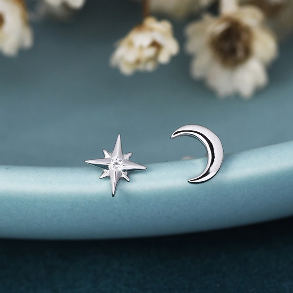 Mismatched Starburst and Moon Stud Earrings in Sterling Silver, Silver or Gold or Rose Gold, Asymmetric CZ Star and Crescent Moon Earrings