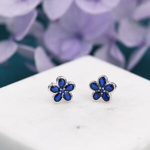 Sapphire Blue Flower CZ Stud Earrings in Sterling Silver, Forget Me Not Floral CZ Earrings, Silver or Gold, Flower CZ Earrings