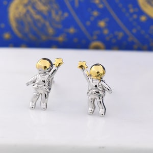 Extra Tiny Spaceman Astronaut Stud Earrings in Sterling Silver - Miniature Space Earrings - Planet Earrings - Whimsical and Pretty Jewellery