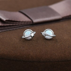 Opal Crystal Planet Stud Earrings in Sterling Silver, Lab Opal Planet Earrings, Fire Opal Saturn Earrings