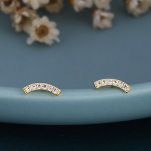 CZ Curved Bar Tiny Stud Earrings in Sterling Silver, Silver or Gold, Extra Tiny CZ Bar Stud, Geometric Bar Earrings, Delicate and Pretty
