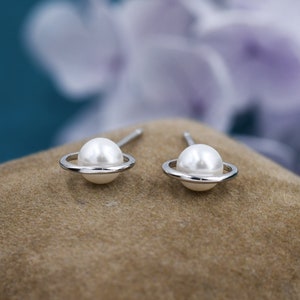 Mother of Pearl Planet Stud Earrings in Sterling Silver, Silver or Gold, Pearl Planet Halo Earrings, Pearl Saturn Earrings