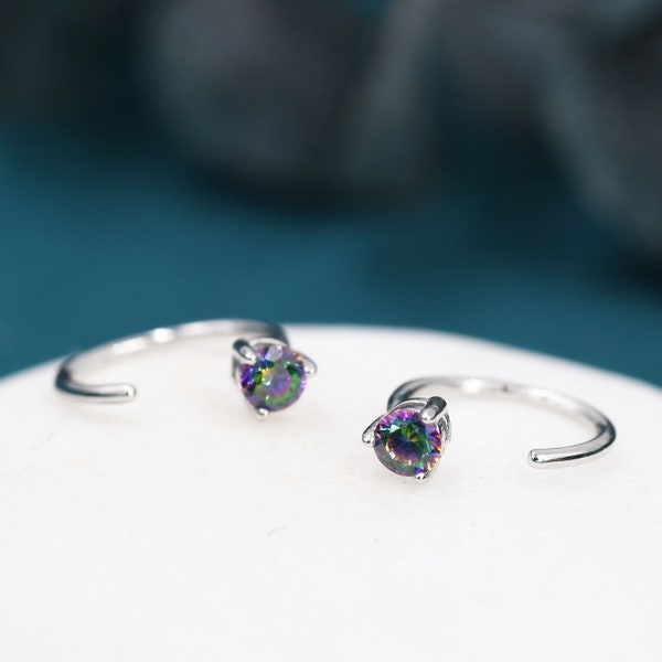 Mystic Topaz Crystal Huggie Hoop Threader Earrings in Sterling Silver, 3mm Three Prong, Gold or Silver, Pull Through Open Hoops