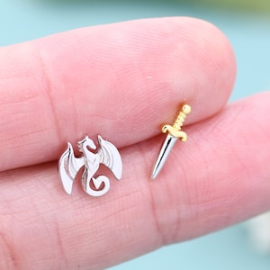 Mismatched Dragon and Sword Stud Earrings in Sterling Silver, Asymmetric Dragon Earrings