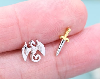 Mismatched Dragon and Sword Stud Earrings in Sterling Silver, Asymmetric Dragon Earrings