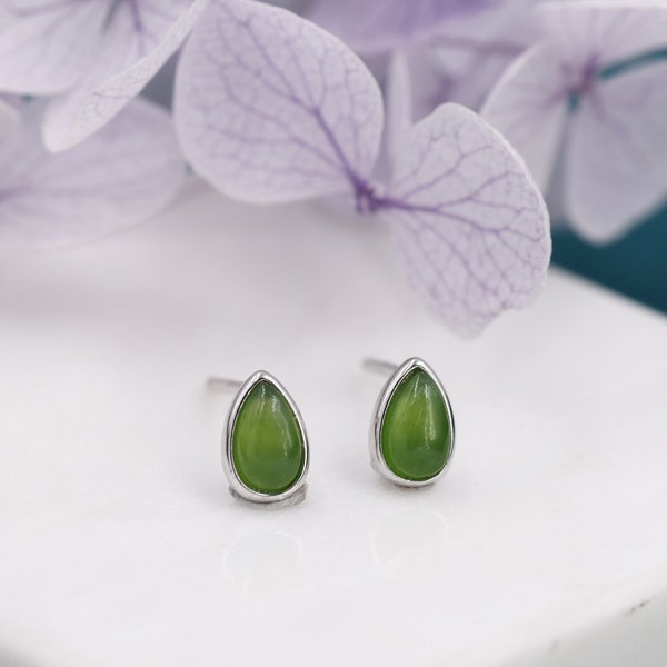 Genuine Jade Pear Stud Earrings in Sterling Silver, Jade Bezel Stud Earrings, Tiny Jade Droplet Earrings