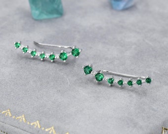 Sterling Silver Emerald Green CZ Ear Crawler Earrings, Silver Green CZ Climber Earrings, CZ Ear Climbers