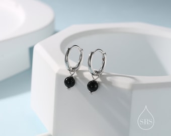 Sterling Silver Natural Black Onyx Bead Huggie Hoop Earrings,  Minimalist Black Onyx Dangle Hoop Earrings, Black Agate Hoop Earrings